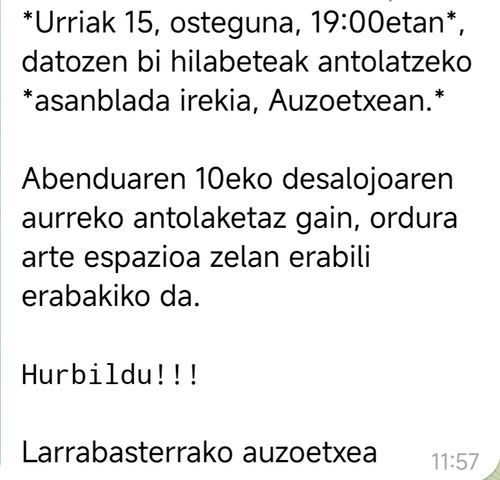 ASANBLADA IREKIA AUZOETXEAN datozen 2 hilabeteak antolatzeko