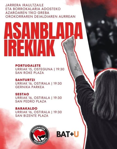 ASANBLADA IREKIA: Jarrera iraultzaile eta borrokalaria adosteko  azaroaren 11ko greba orokorraren deialdiaren aurrean