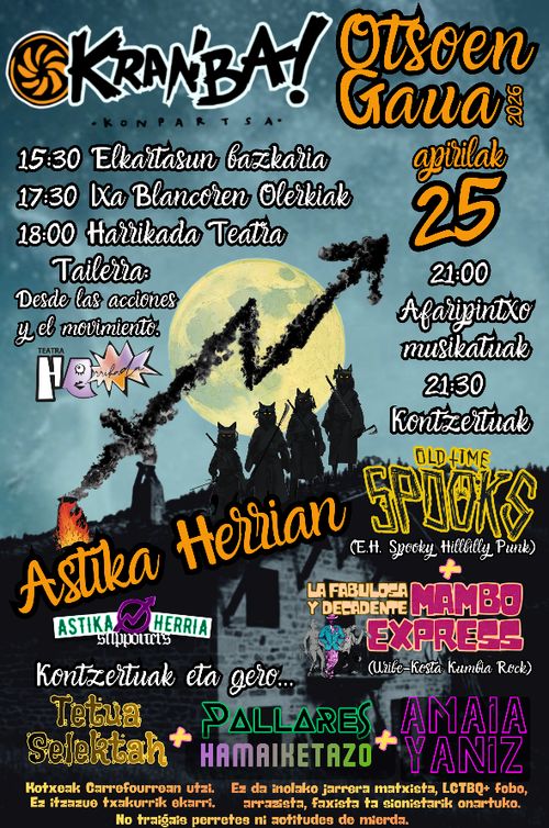 Jaialdi baten kartela. Otso burua daukaten 4 samurai baserri baten teilatugainean. Atzea tximiniaren keak okupazioaren sinboloa egiten du ilargi betearen gainetik.